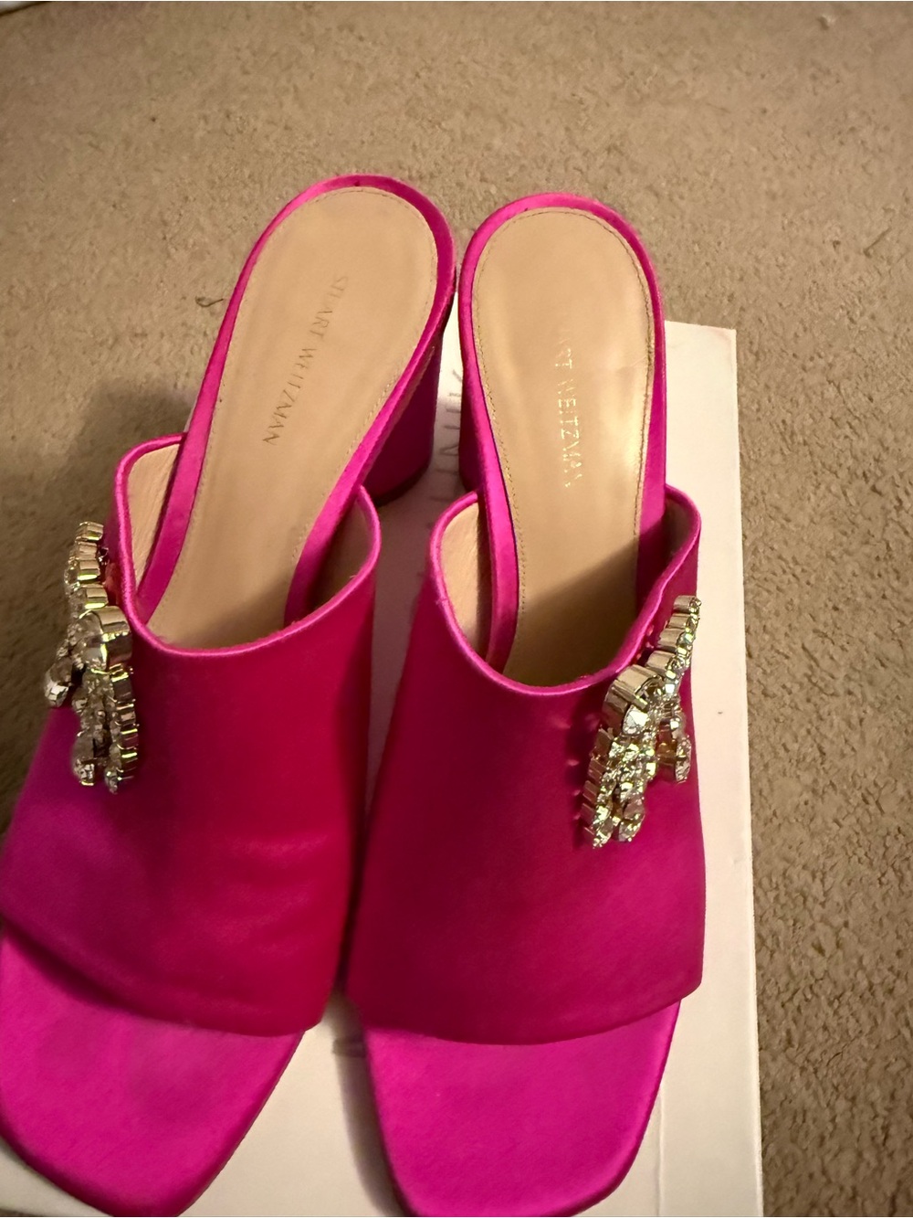 Stuart Weitzman Hot Pink Jeweled Satin Slide Mules